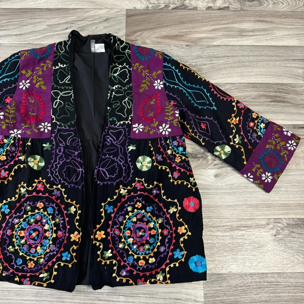 Anu Floral Embroidered Wool Blend Open Front Cardigan Jacket Size Small